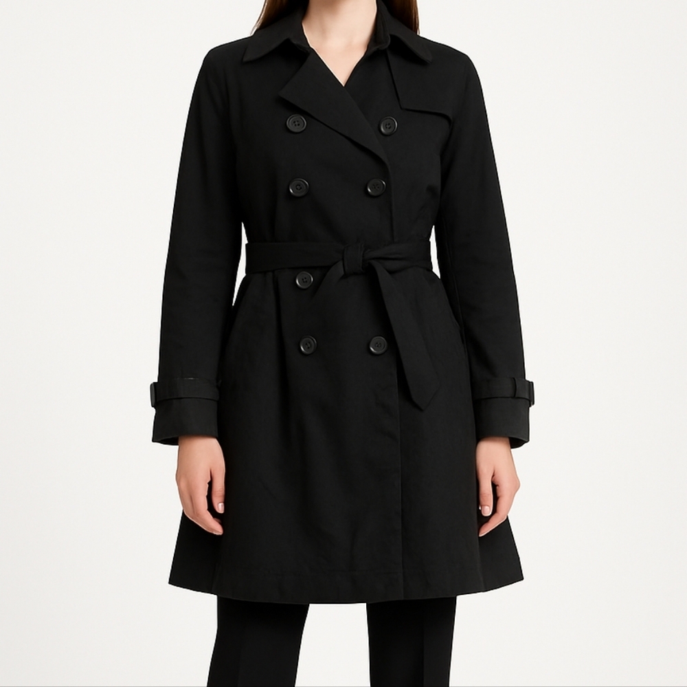 Black Double Breasted Trench Coat With Belt M Classic Whimsygoth Layering Lagenl